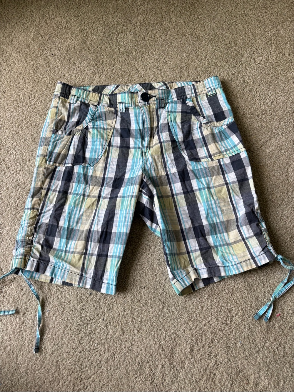 Plaid Cotton Cargo Shorts - Blue & Gray